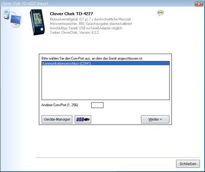 Daten�bernahme vom Clever Chek TD 4227 ins Diabetes-Tagebuch