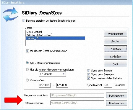 SiDiary SmartSync Einstellungen f&uuml;r PPC