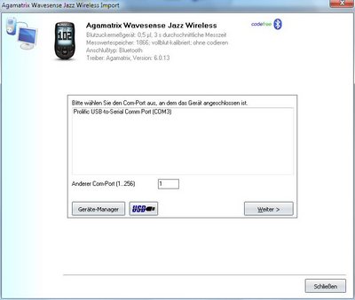 Daten�bernahme vom Agamatrix Wavesense Jazz Wireless ins Diabetes-Tagebuch