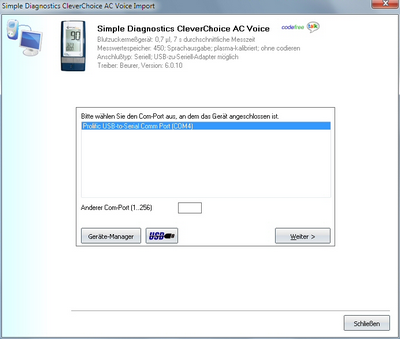 Daten�bernahme vom Simple Diagnostics CleverChoice AC Voice ins Diabetes-Tagebuch