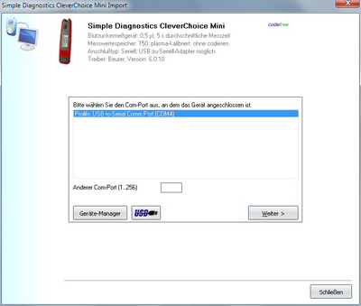 Daten�bernahme vom Simple Diagnostics CleverChoice Mini ins Diabetes-Tagebuch